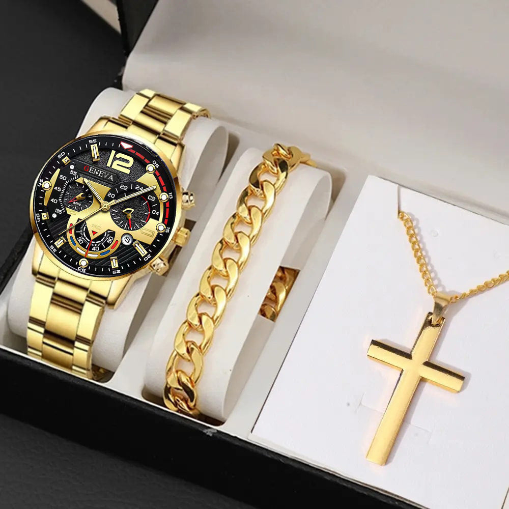 Men’s Gold Watch, Bracelet & Cross Bundle