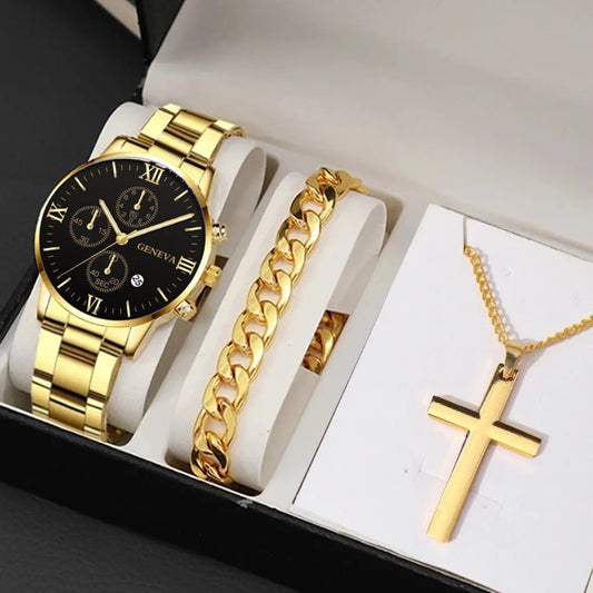 Men’s Gold Watch, Bracelet & Cross Bundle